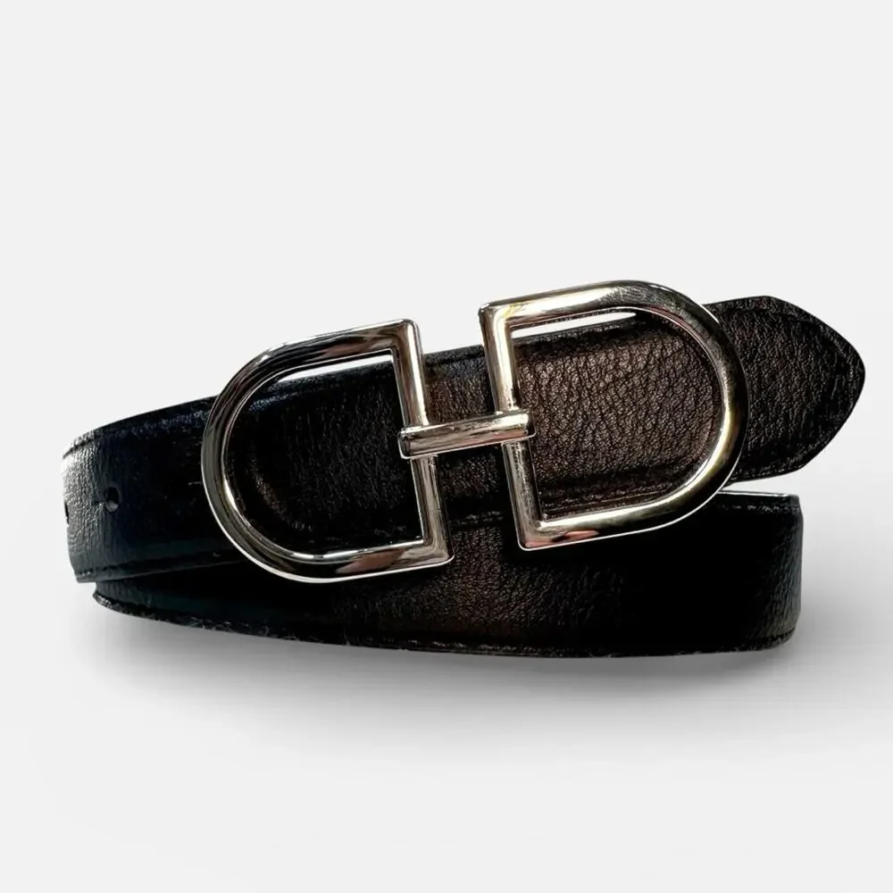 Black Leather Belt with Silver Buckle 37.5 inch